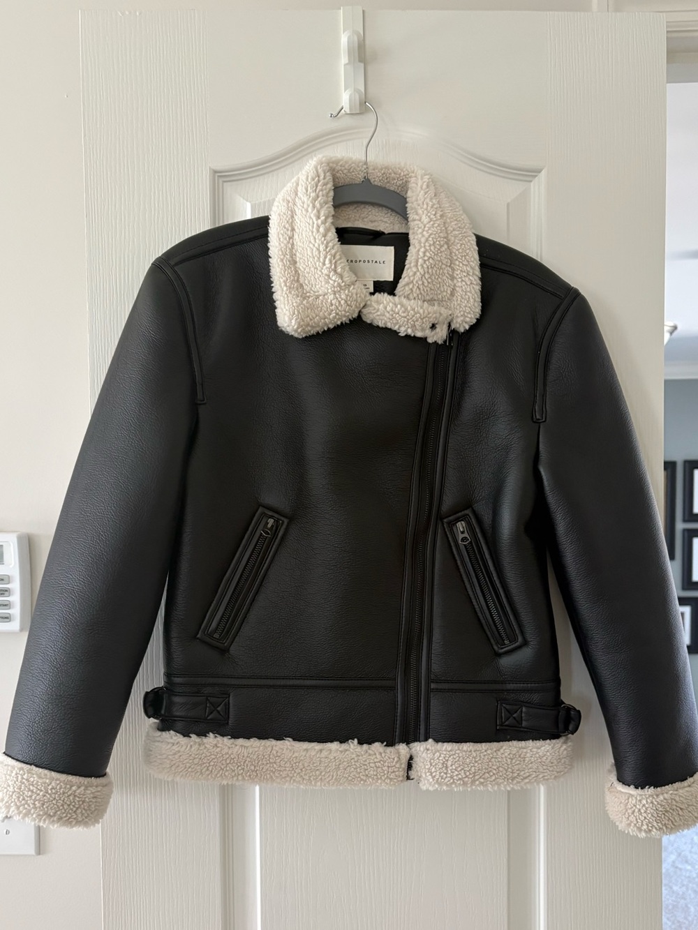 Aeropostale Black Faux Leather Pea Coat with Cream Sherpa Collar